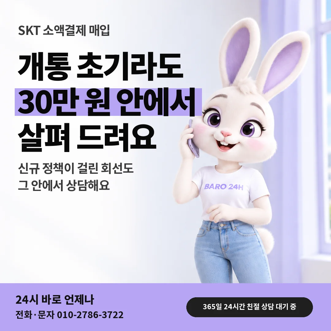 휴대폰을 보며 웃는 BARO 24H 티셔츠를 입은 3D 토끼 캐릭터 옆에 「SKT 개통 초기 회선 한도」 제목을 얹은 안내 카드