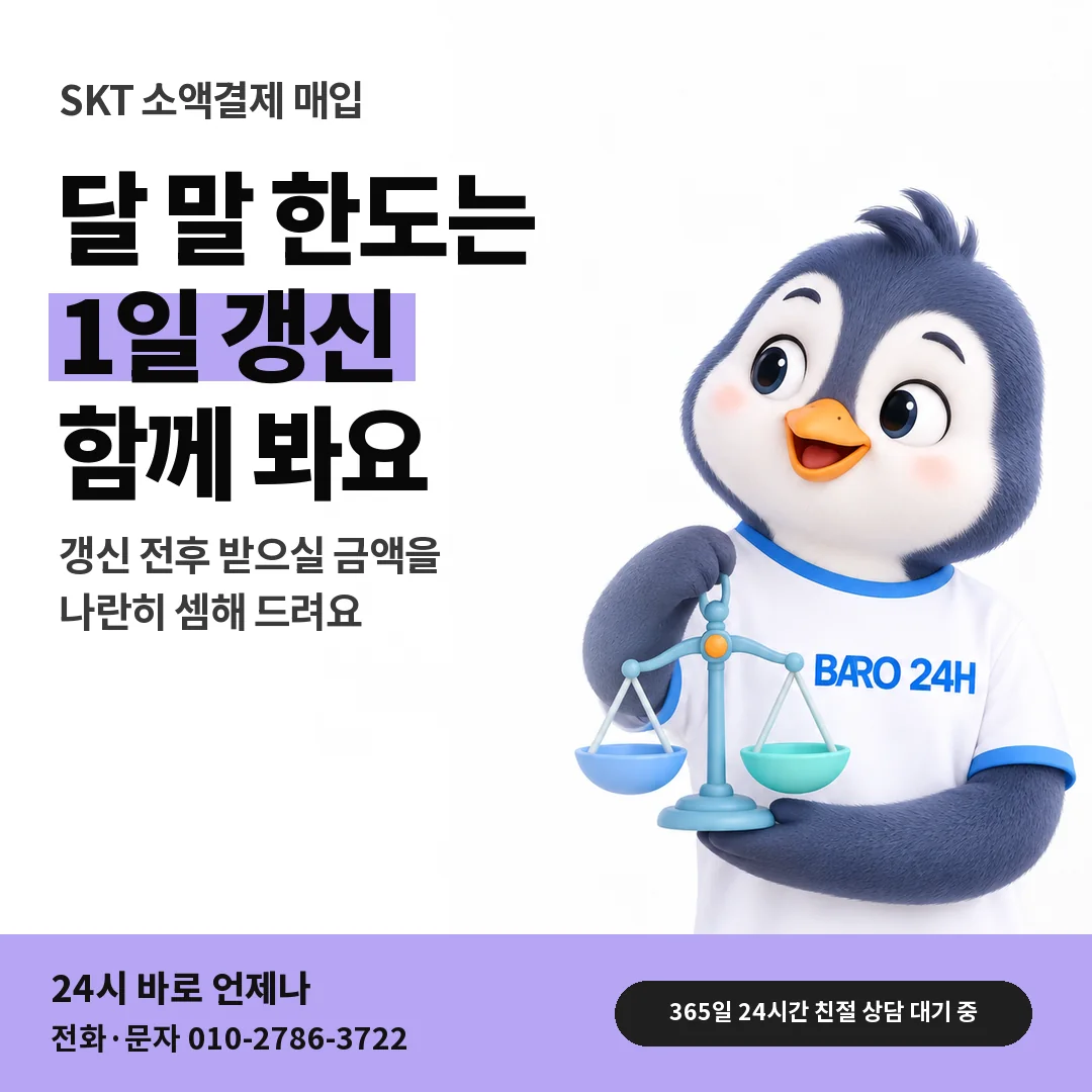 BARO 24H 티셔츠를 입은 3D 동물 캐릭터 옆에 「SKT 1일 갱신과 남은 한도」 제목을 얹은 안내 카드